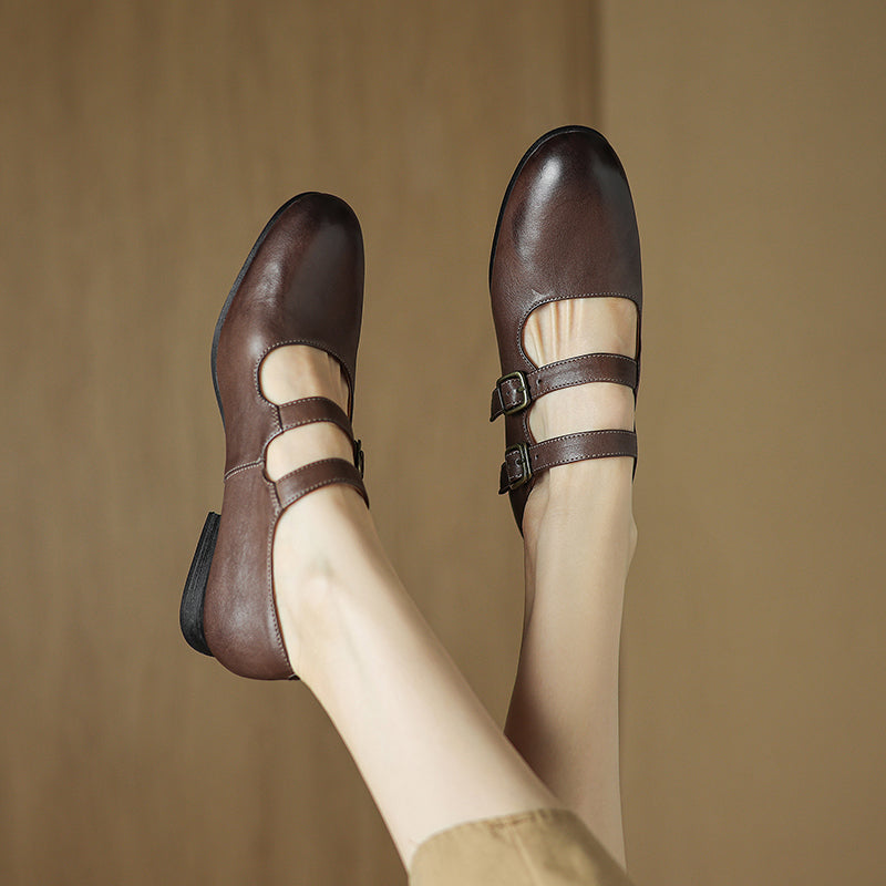 Casual Cow Leather Double Strappy Mary Jane Shoes Dress Shoes in Brown/Black/Khaki