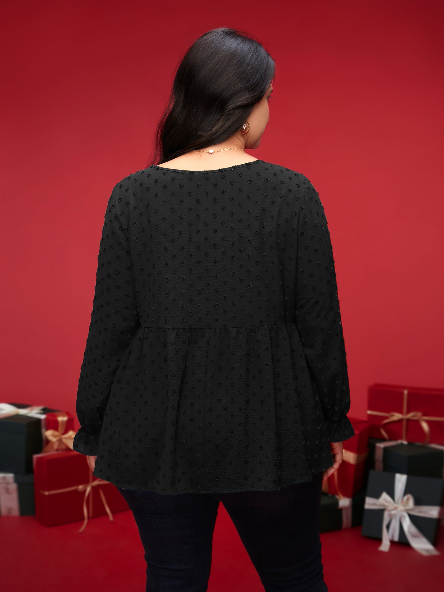 Textured Dot Elastic Cuffs A-line Blouse