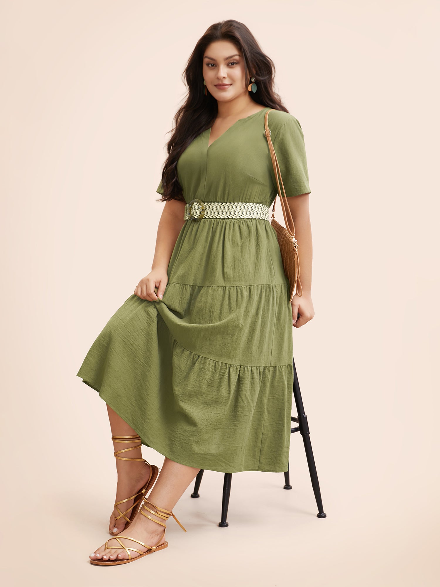 Notched Shirred Ruffle Layered Hem Dress