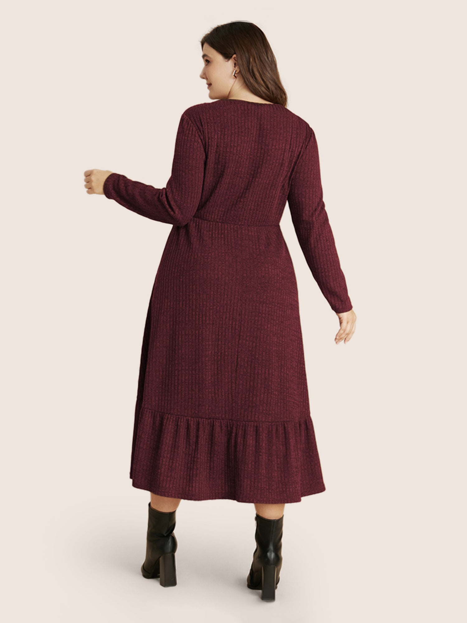 Solid Pocket Rib Knit Ruffle Hem Dress Without Belt