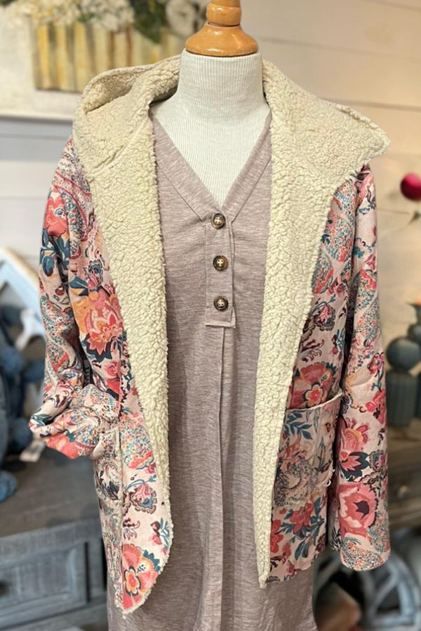 Mixed Floral Plush Hooded Jacket