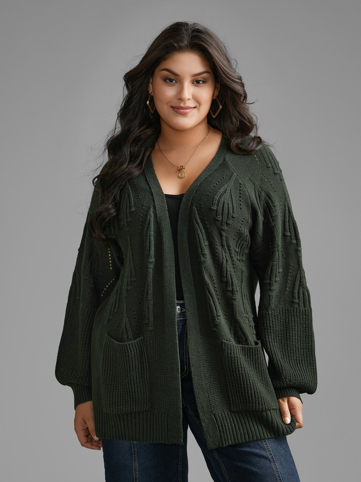 Textured Lantern Sleeve Split Hem Cardigan