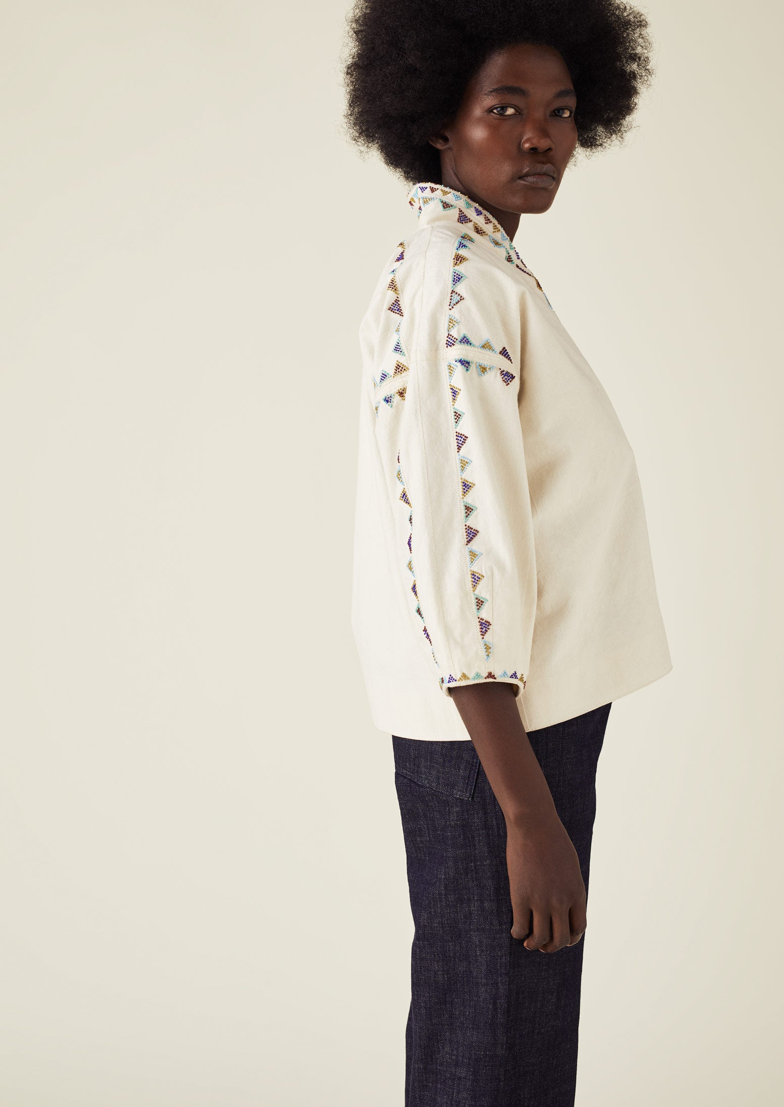 Hand Beaded Cotton Wrap Jacket | Chalk