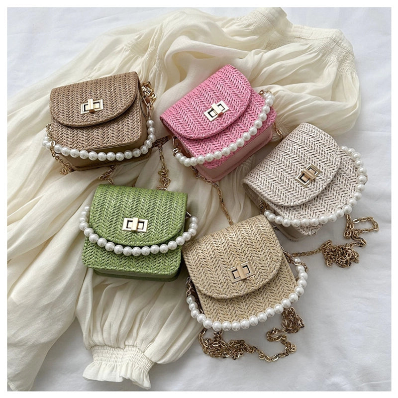 Women's Mini Straw Solid Color Elegant Pearls Lock Clasp Straw Bag