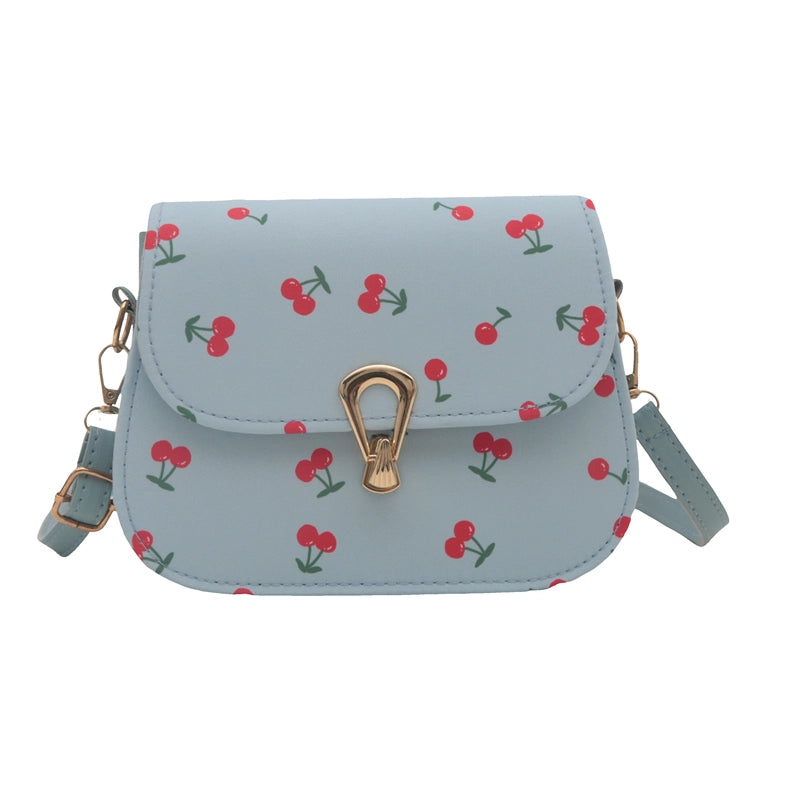 Simple Trendy  Cherry Print Elegant Twist Lock Shoulder Bag Fresh Crossbody Small Square Bag