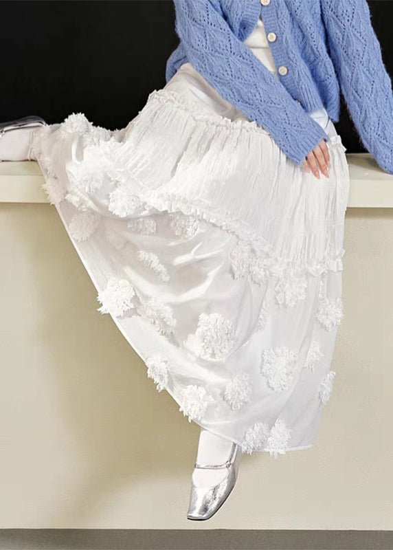 Brief White Ruffled Patchwork Elastic Waist Maxi Skirt