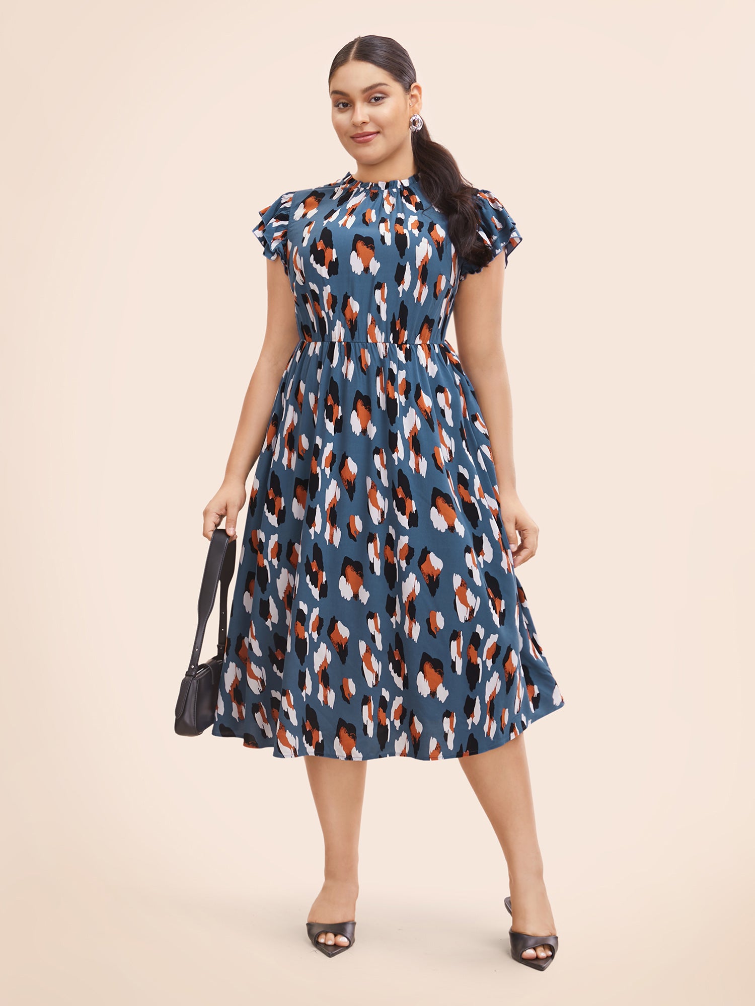 Allover Print Frill Trim Flutter Sleeve Dress