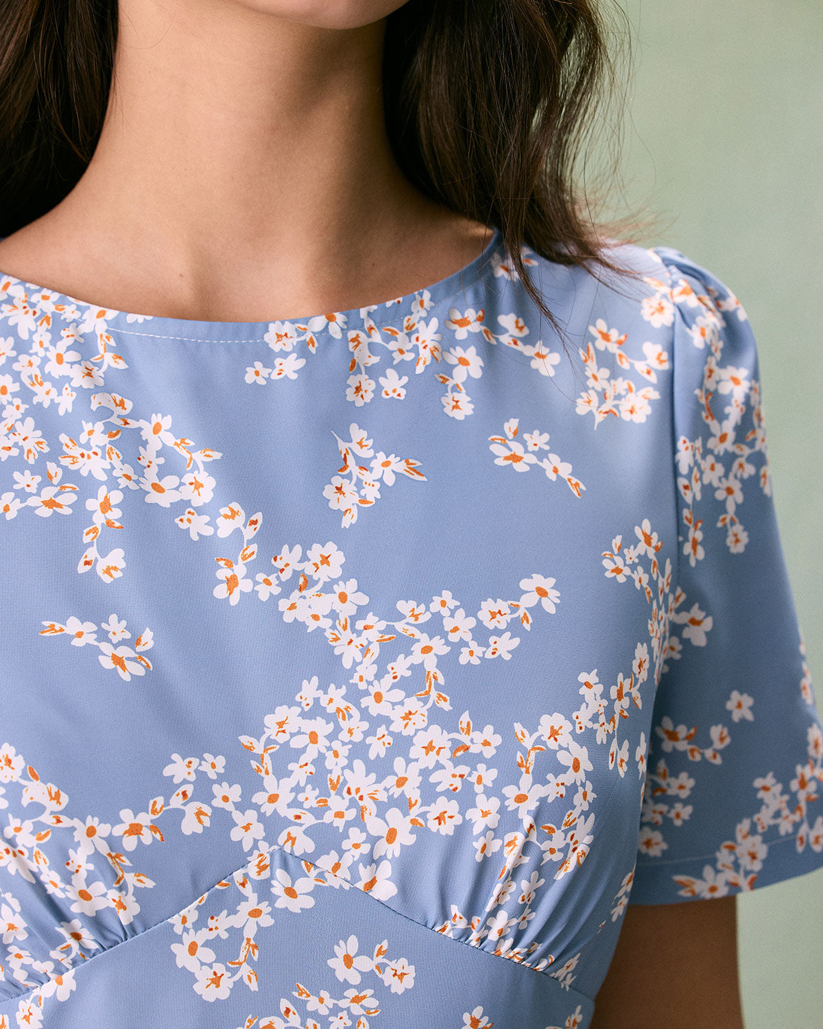 The Blue Round Neck Floral Midi Dress