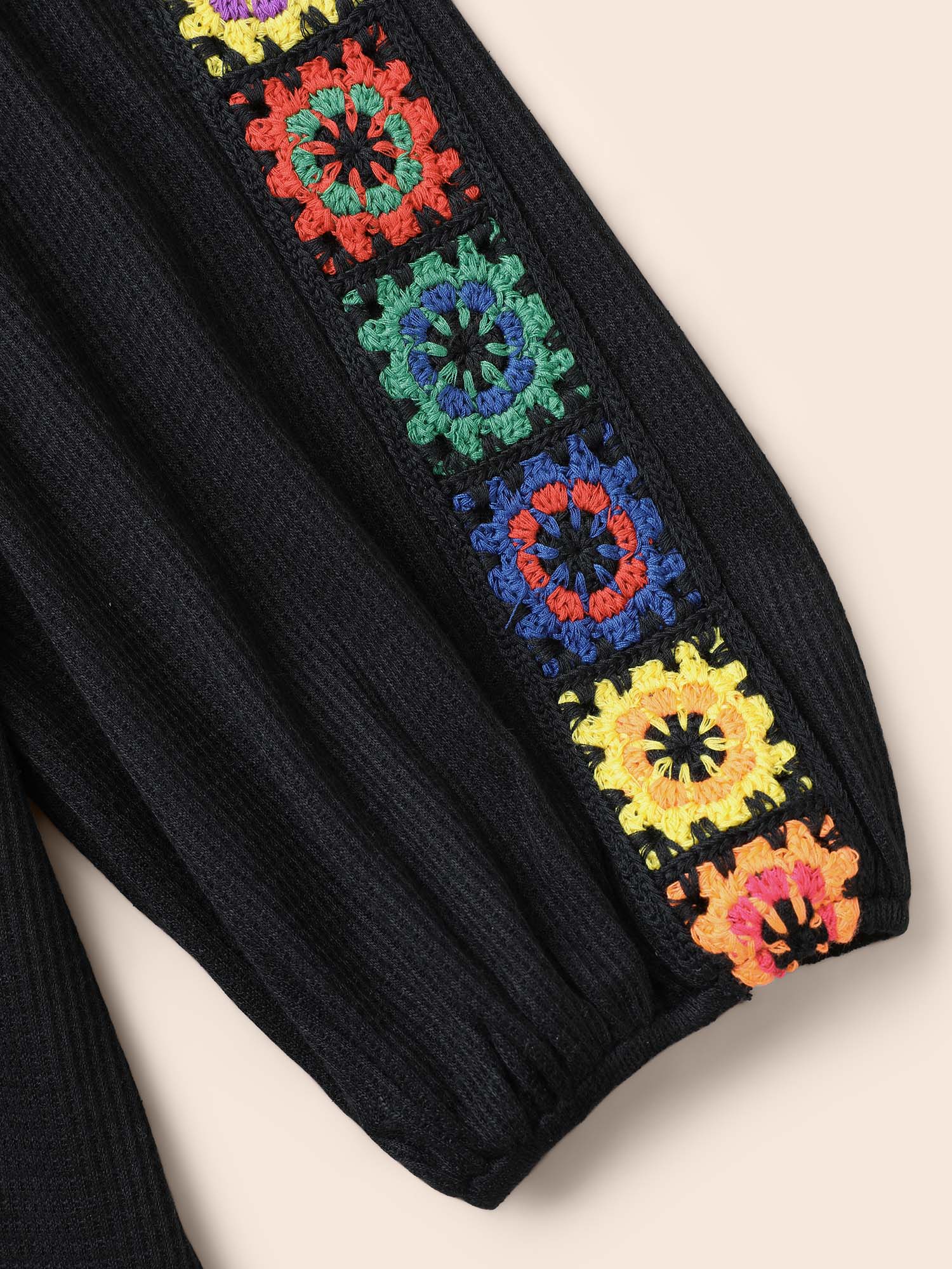 Crew Neck Patchwork Crochet Floral T-shirt