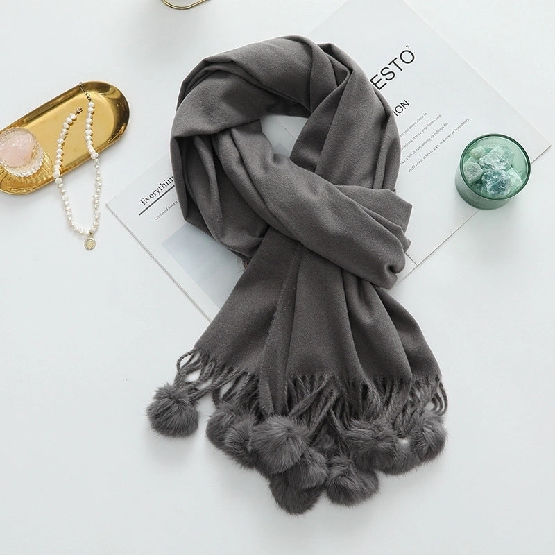 Cashmere Wool Scarf Women's Autumn And Winter High-grade Solid Color Ball Scarf Shawl Fur Ball Imitation Cashmere Scarf