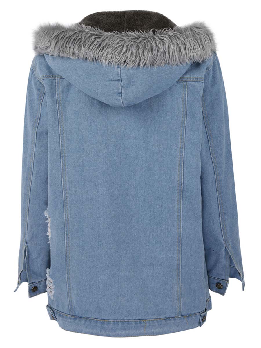 Padded Warm Hole Large Fur Collar Denim Jacket(4 colors)