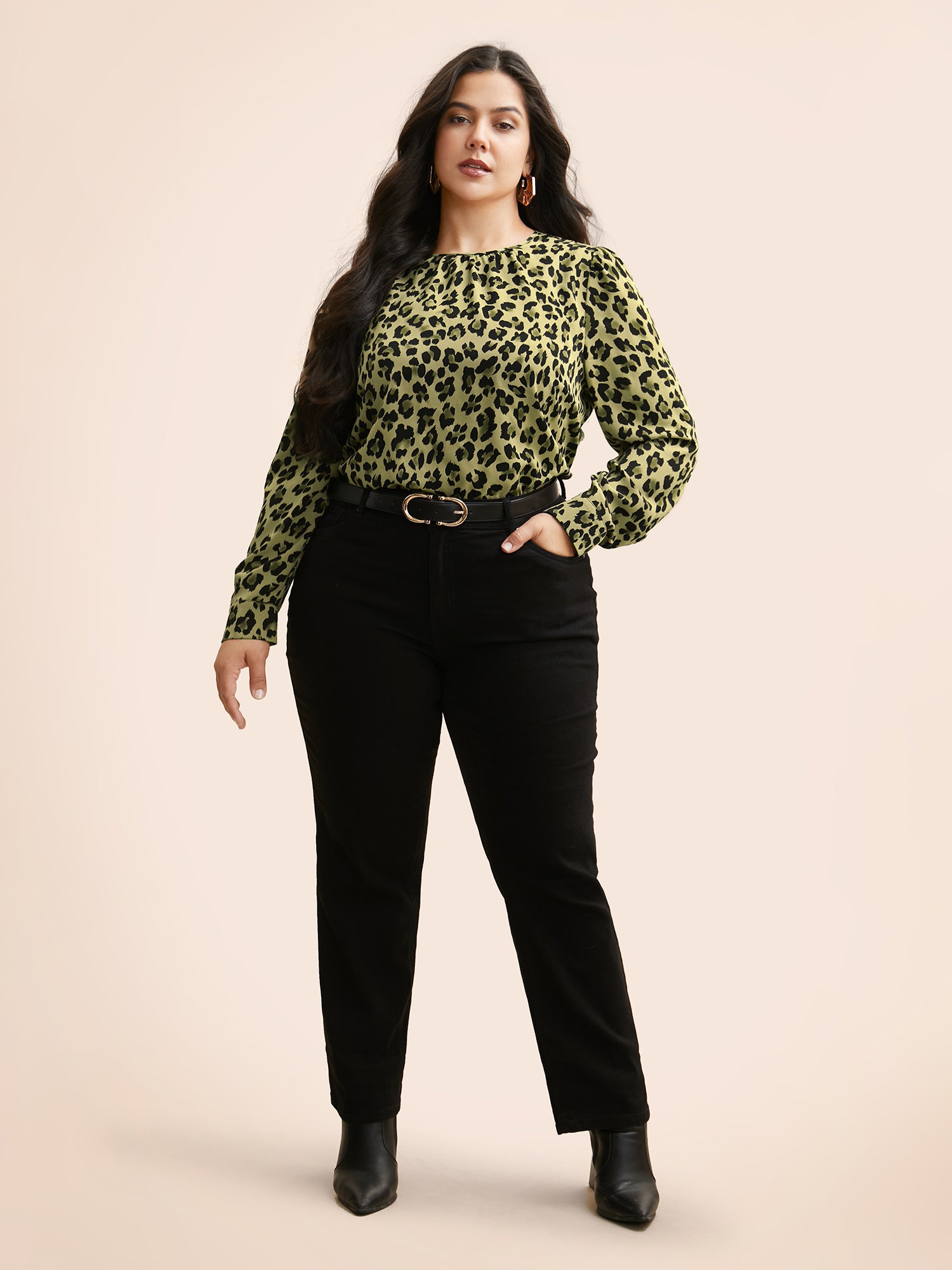 Leopard Print Mock Neck Gathered Blouse