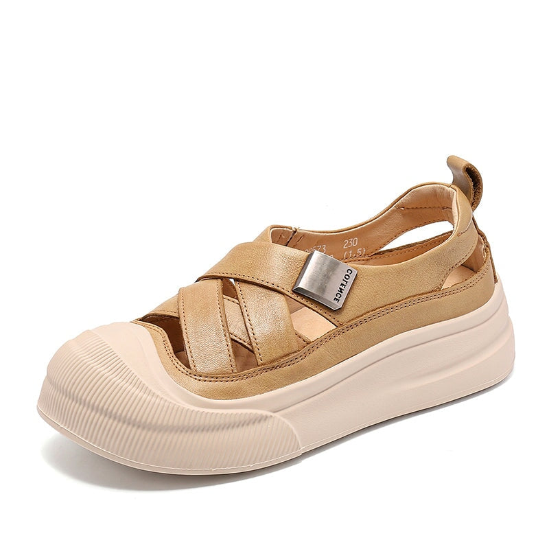 Platform Hollow-Out Low-top Roman Sandals Cow Leather Fisherman Shoes in Beige/Yellow/Green