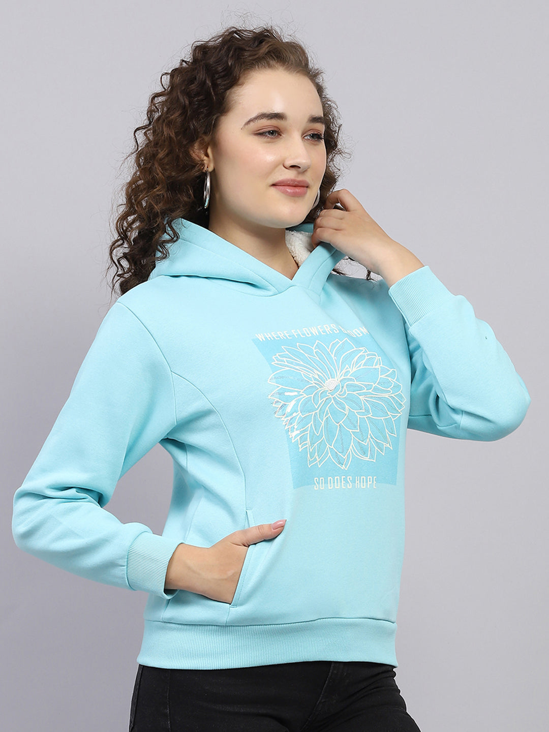 Women Blue Printed Hooded Full Sleeve Sweatshirt