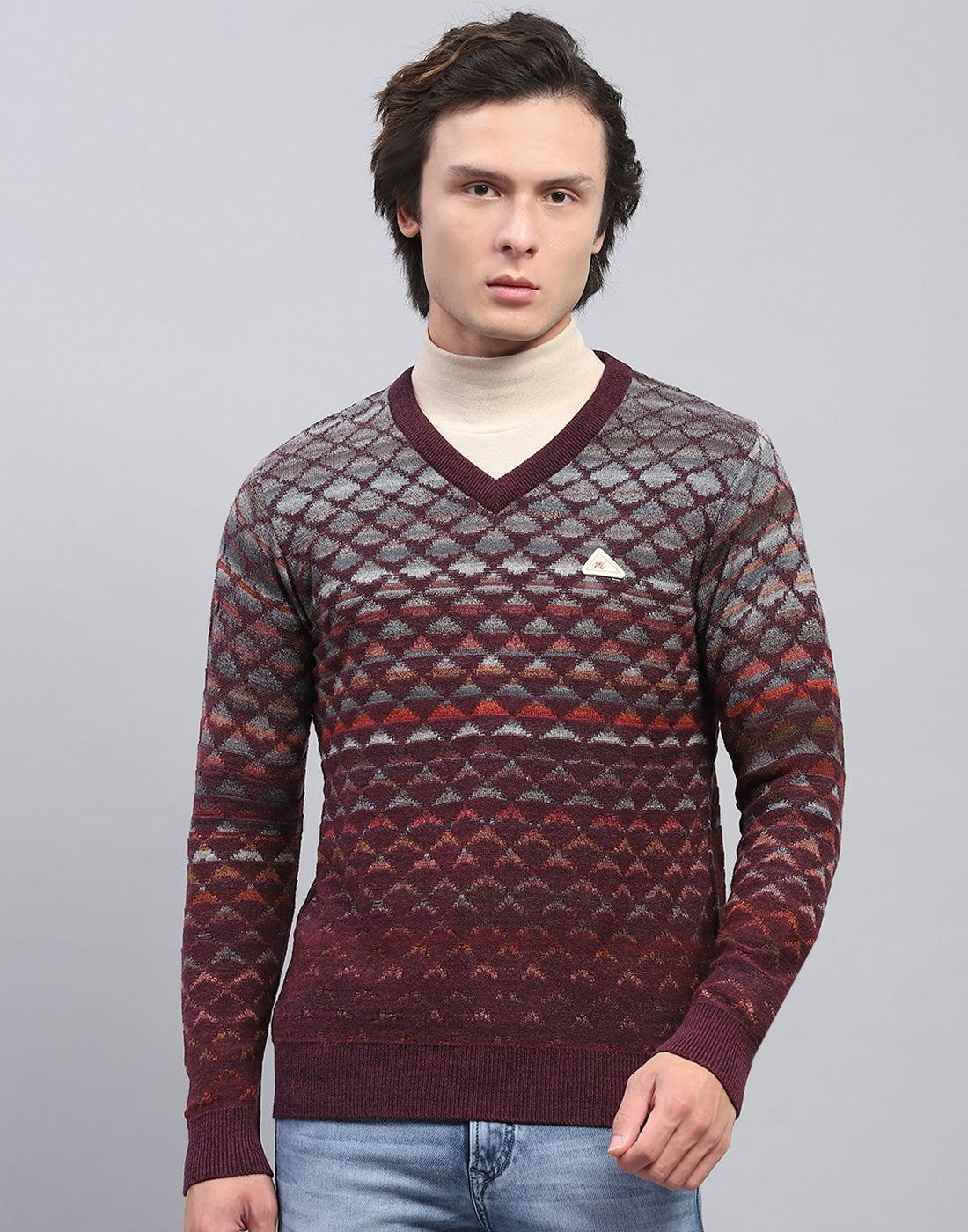 Men Maroon Self Design V Neck Full Sleeve Pullover