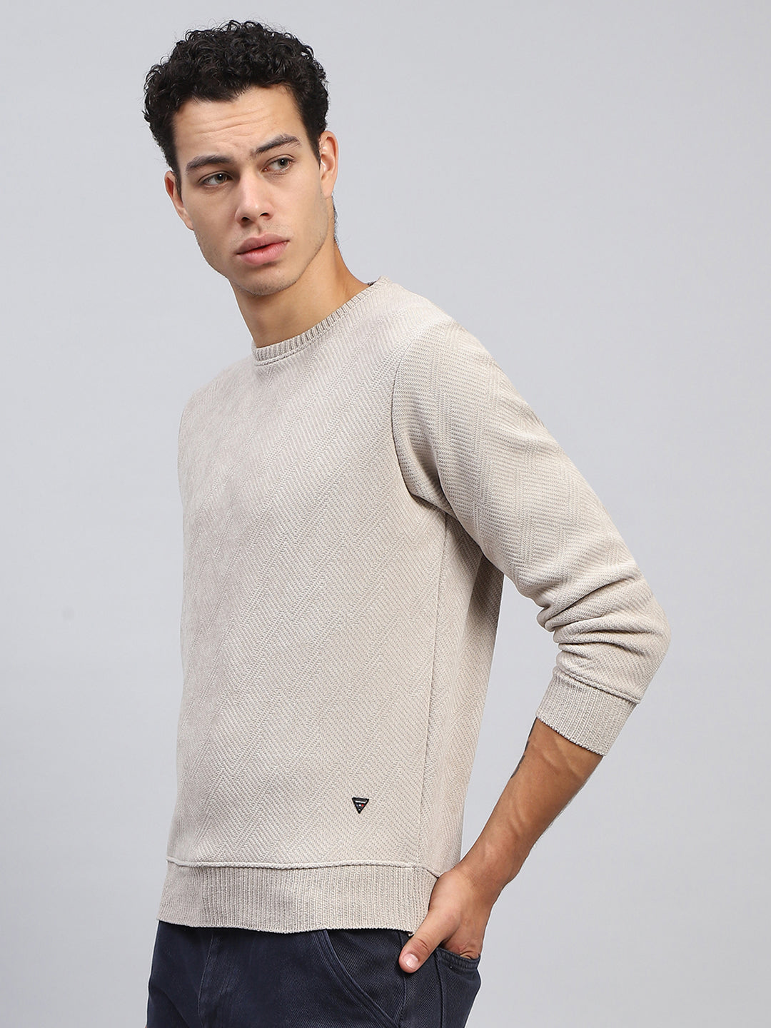 Men Beige Self Design Round Neck Full Sleeve Sweatshirt