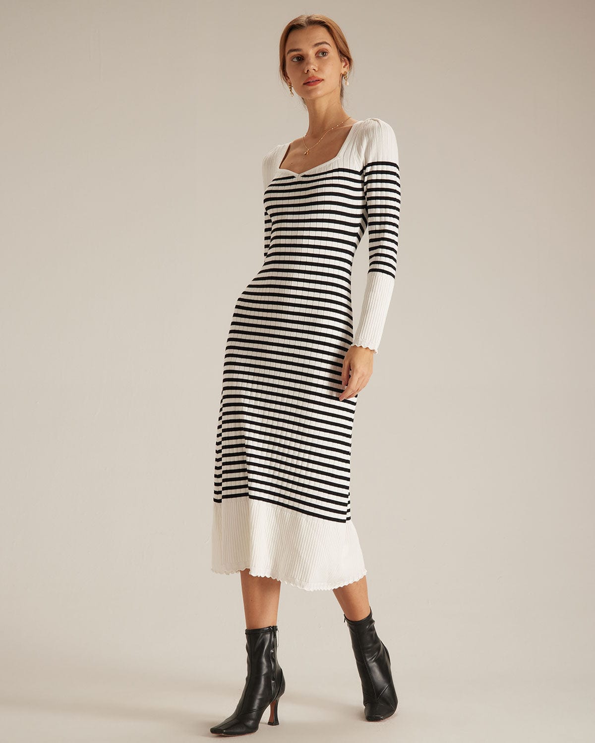 The Black Sweetheart Neck Striped Midi Dress
