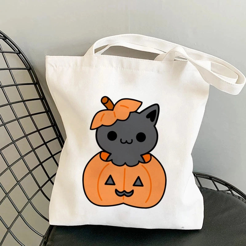 Halloween Unisex Canvas Animal Pumpkin Letter Streetwear Square Open Shoulder Bag Canvas Bag