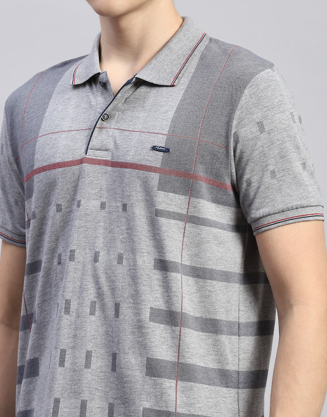 Men Grey Stripe Polo Collar Half Sleeve Lower Set