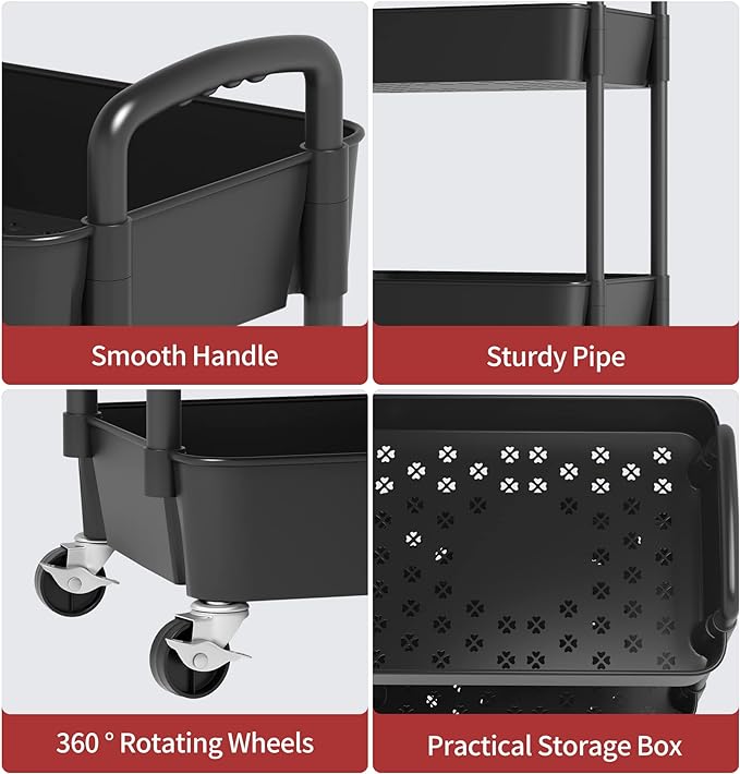4-Tier Plastic Rolling Utility Cart .Movable Storage Organizer with Wheels