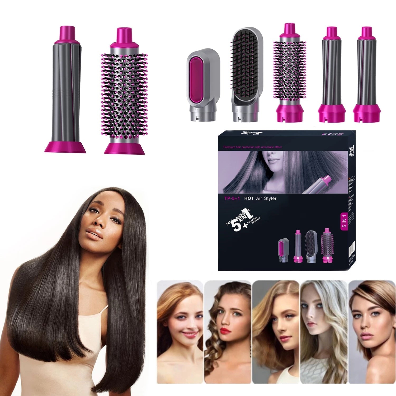 5 In 1 Electric Hair Dryer Brush Hot Air Styler Negative Ion Dryer Comb Curling Iron Hair Styling Tool