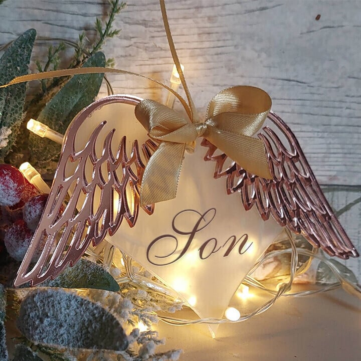 👼Angel Wings With Frosted Heart Decoration Mirrored - ❤️Remember Your Family