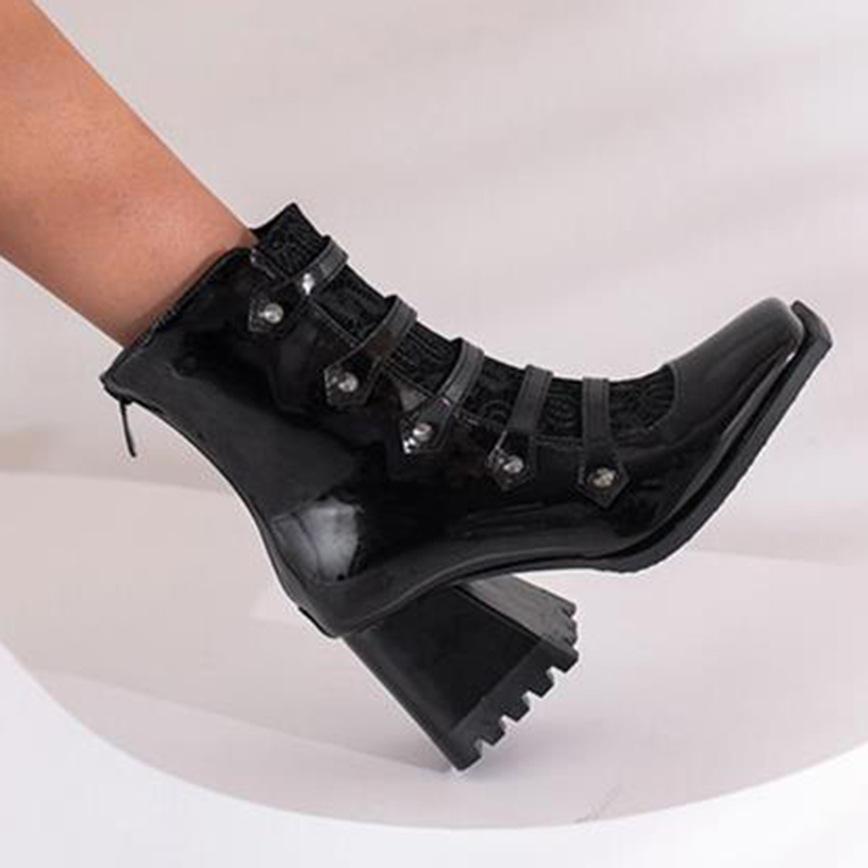 Colorblock Button Decor Square Toe Chunky Heels Ankle Boots