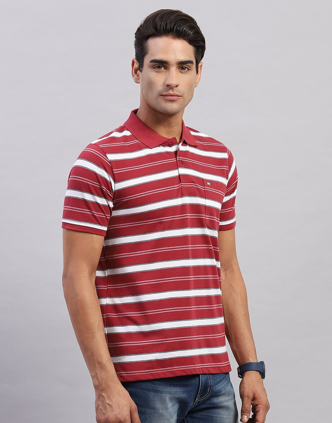 Men Maroon Stripe Polo Collar Half Sleeve T-Shirt