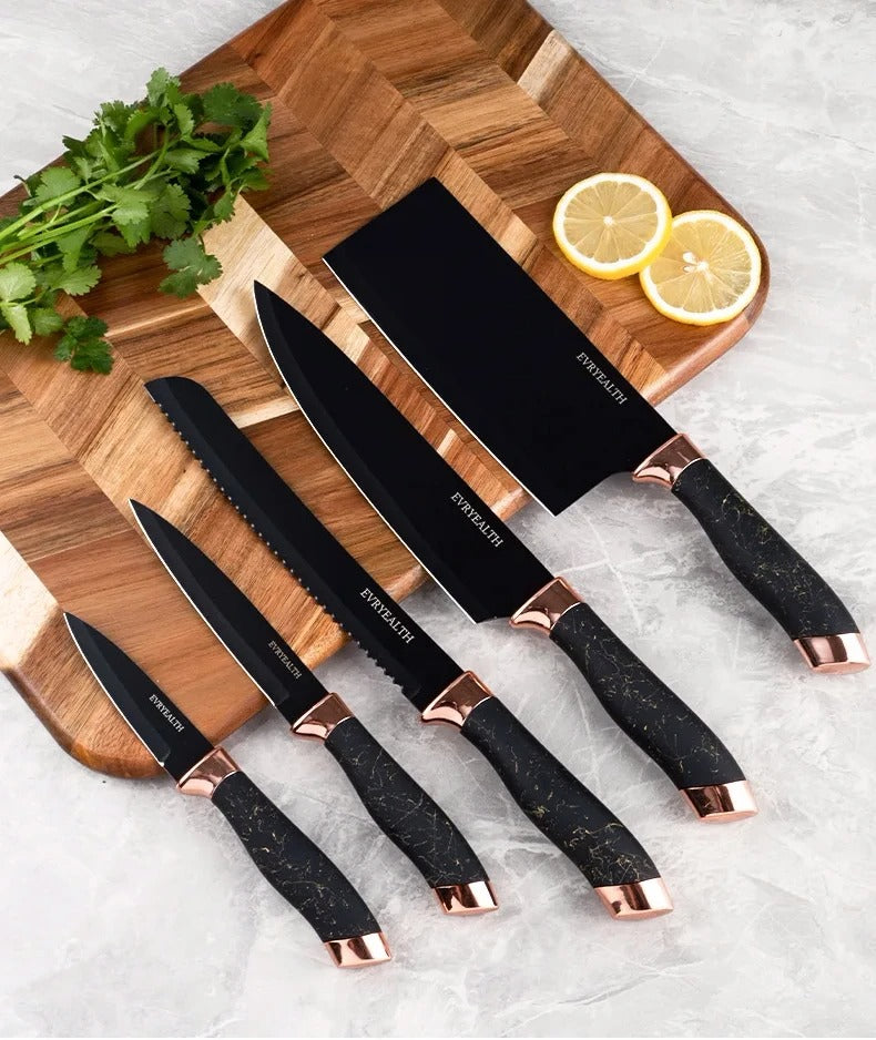 9 PCs Stainless Steel Luxury Knife Set-(5312)Grey Texture