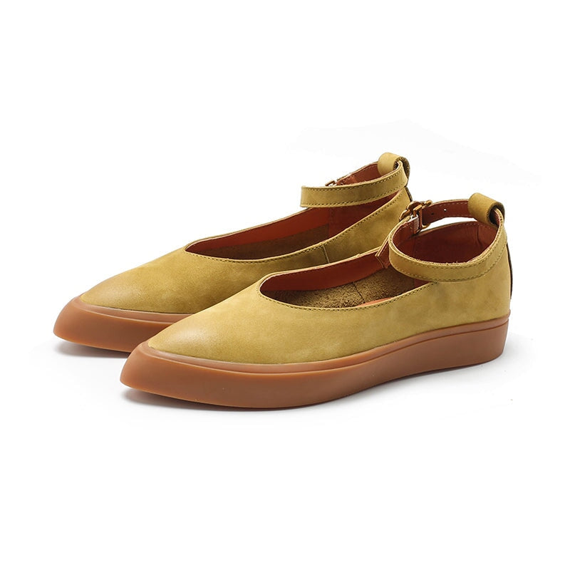 Nubuck Leather Flat Ankle Strap Mary Jane Shoes For Women Point Toe Witch Style in 5 Colors