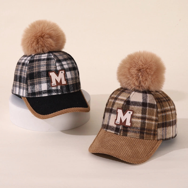 Boy'S Retro Letter Lattice Pom Poms Ivy Cap