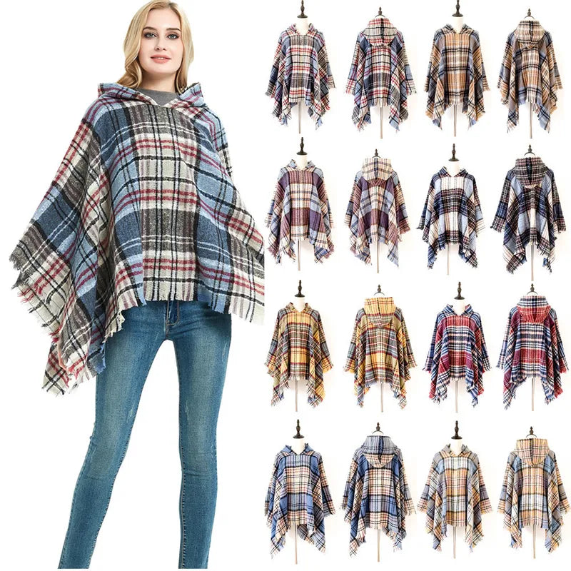 Direct New Cape Europe And The United States Spring And Autumn And Winter New Barbed Wool Pullover Plaid Hat Cape Shawl