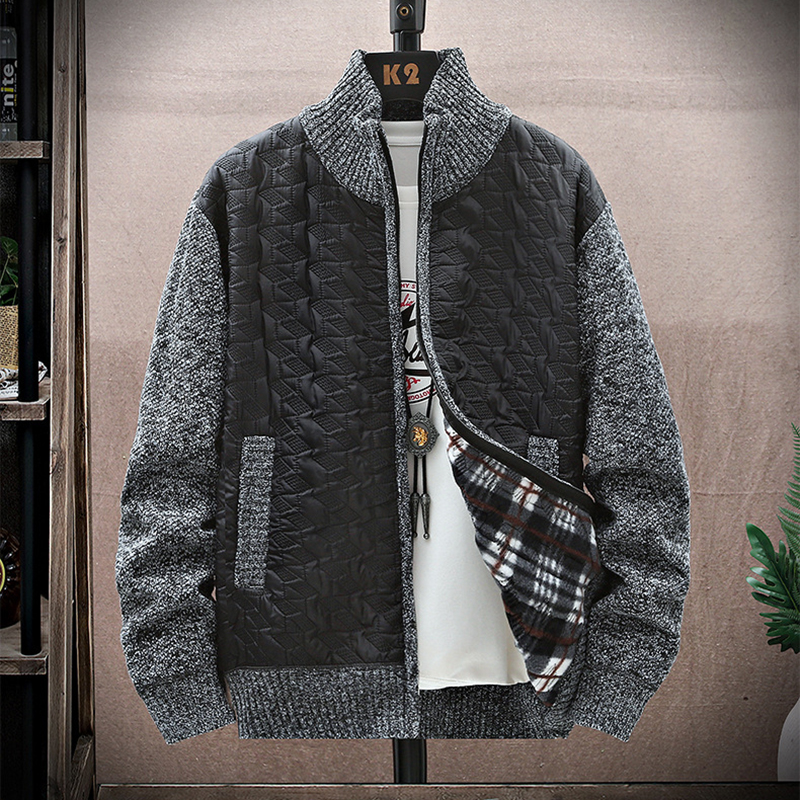 Men's Stand Collar Stitched Plush Cardigan