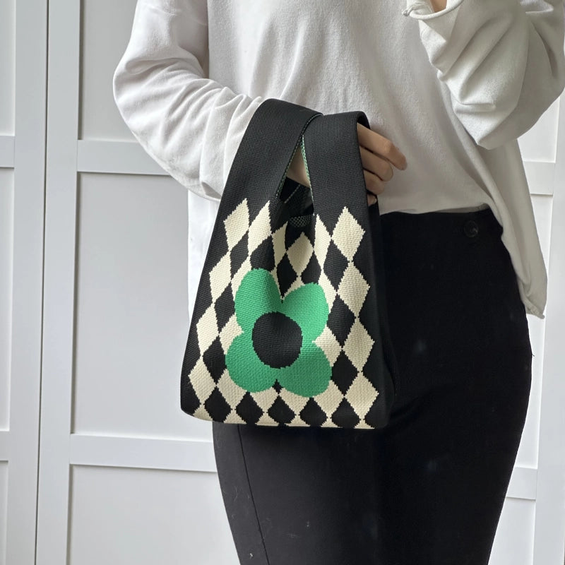 Women's Polyester Printing Color Block Cute Square Open Handbag