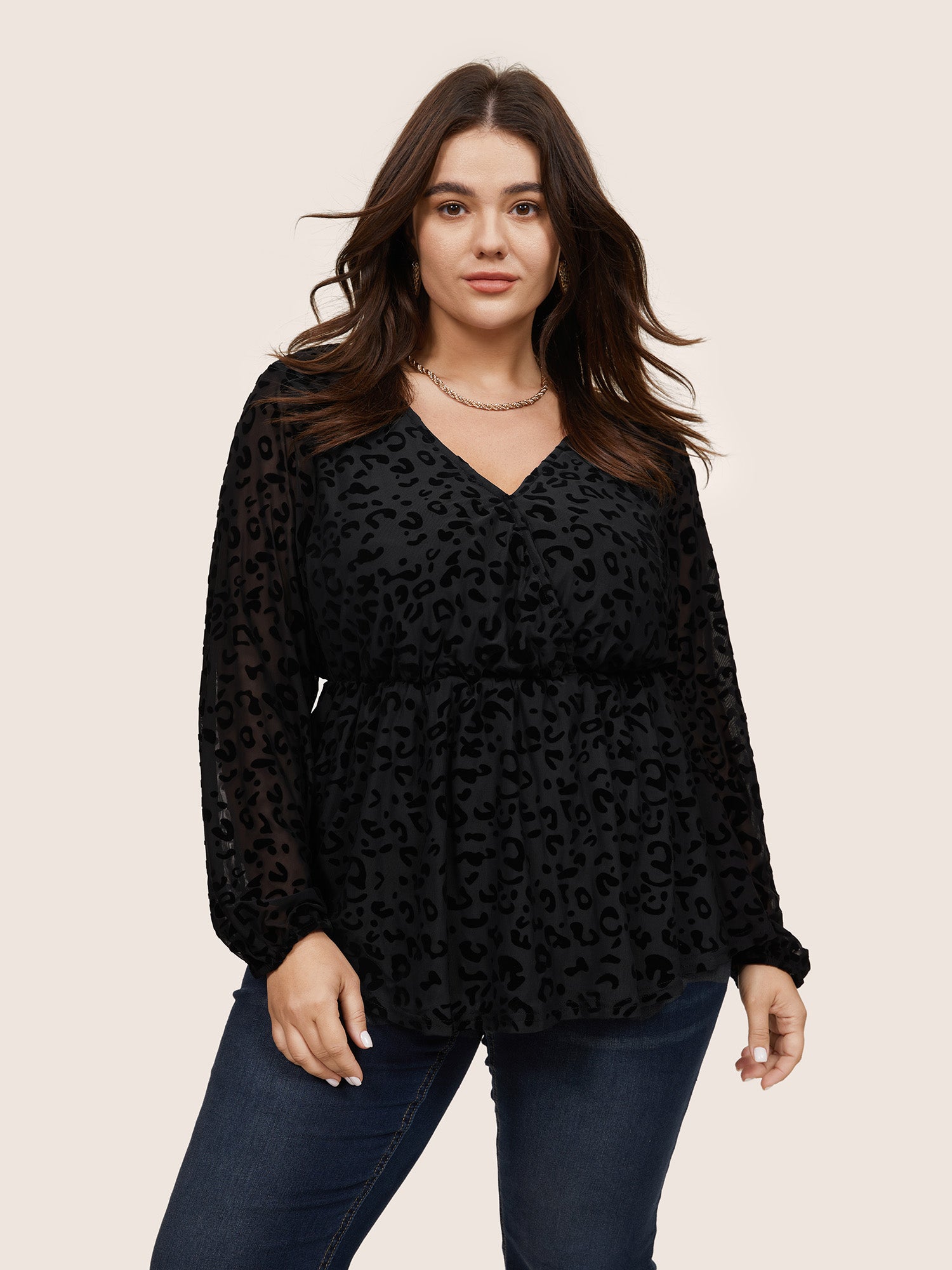 Leopard Flocking Mesh Patchwork Wrap Blouse