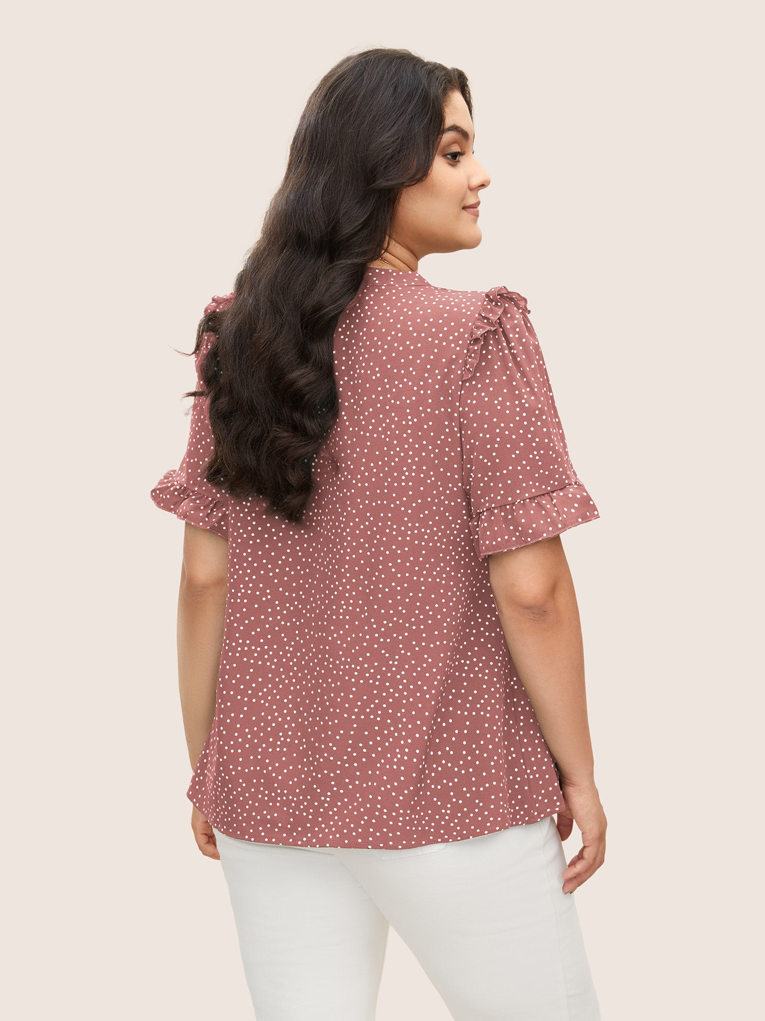 Polka Dot V Neck Ruffle Trim Blouse