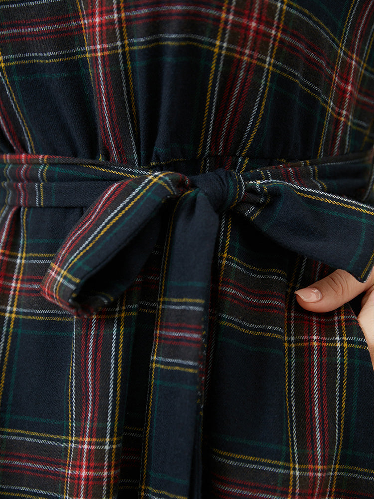 Plaid Lantern Sleeve Pocket Belted Square Neck Dress