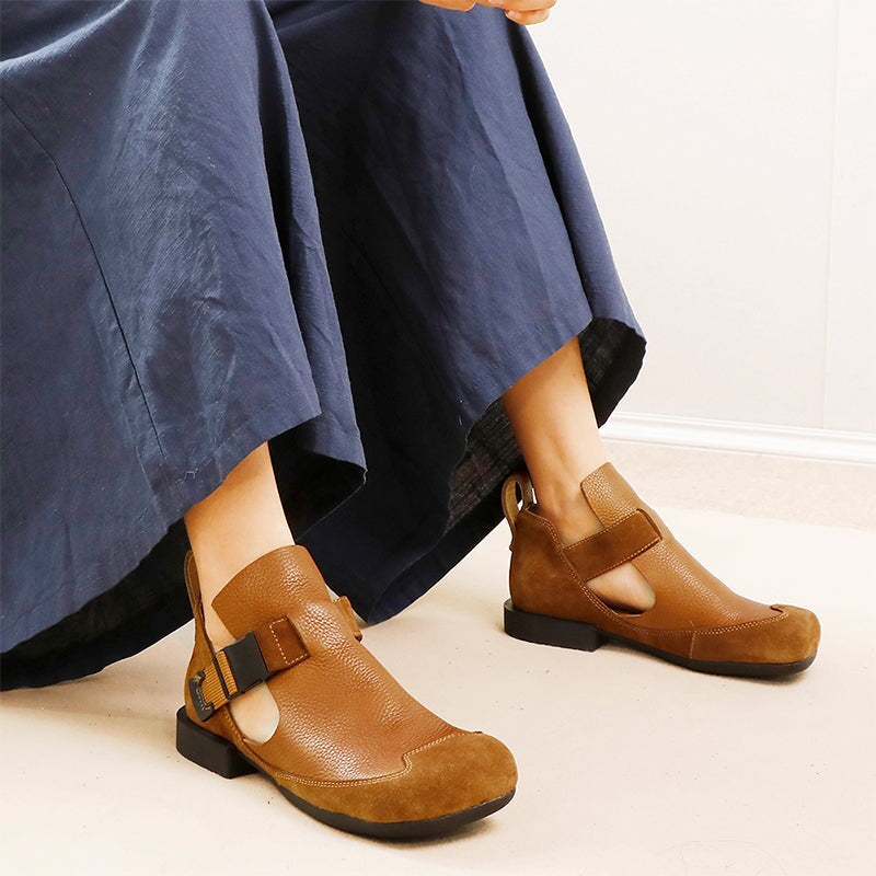 Full-Grain Leather Block Heel Suede Toe Cap Sandals with Buckle Closure in Black/Brown