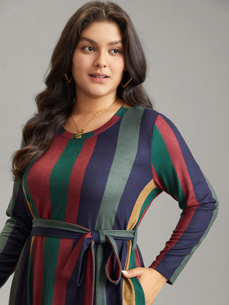 Colored Striped Pocket Belted Long Sleeve Dress