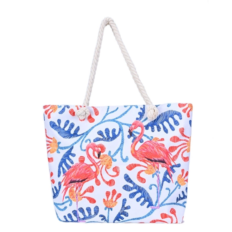 Women's Medium Canvas Flamingo Beach Square Zipper Beach Bag