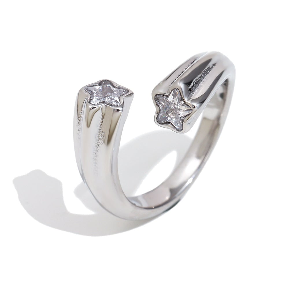 Fashionable Stainless Steel 18K Gold Plated Cross Zircon Five-Pointed Star Round Bead Braided Three-Layer Ring