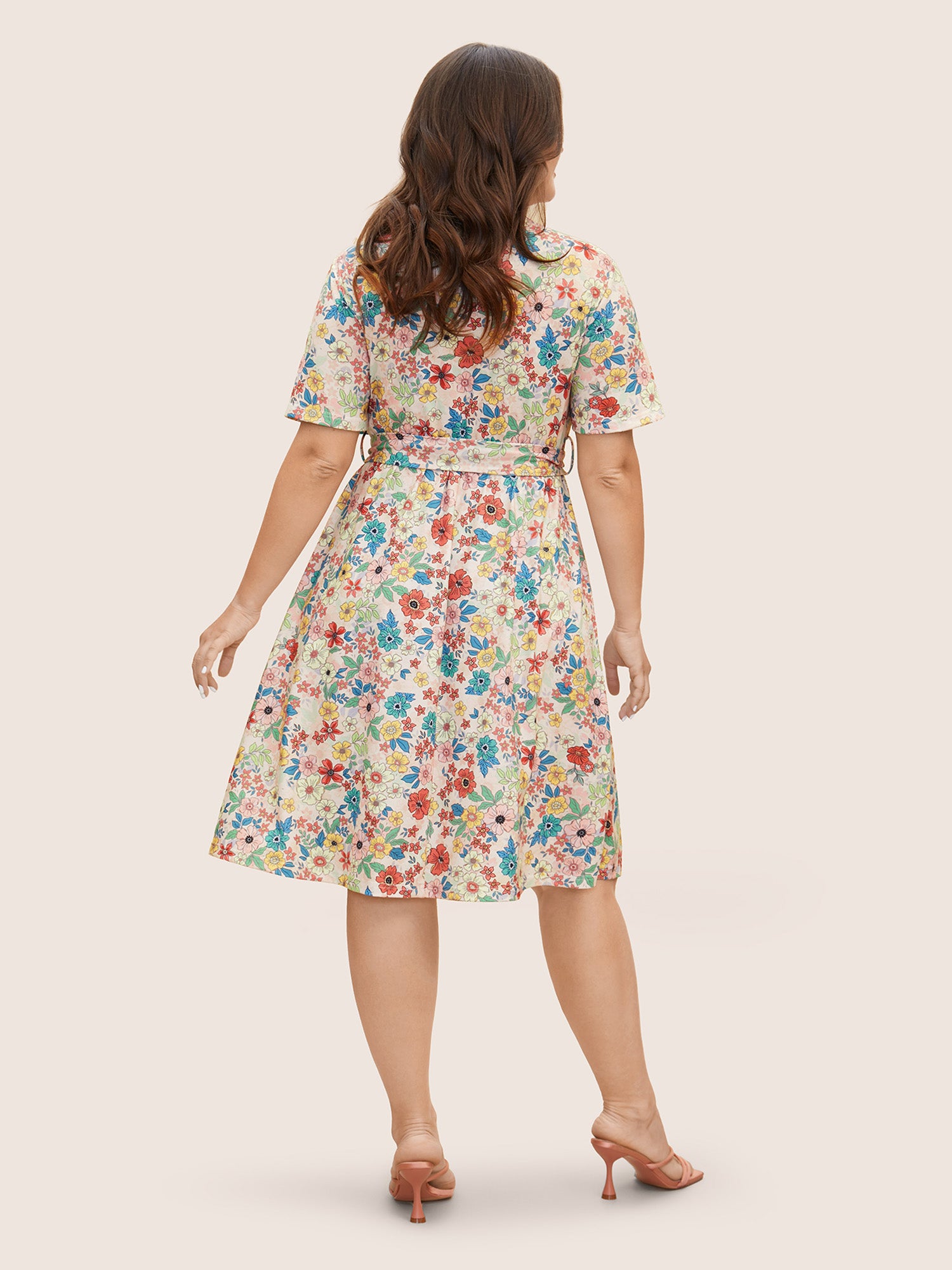 Floral Overlap Collar Belted Pocket Dress