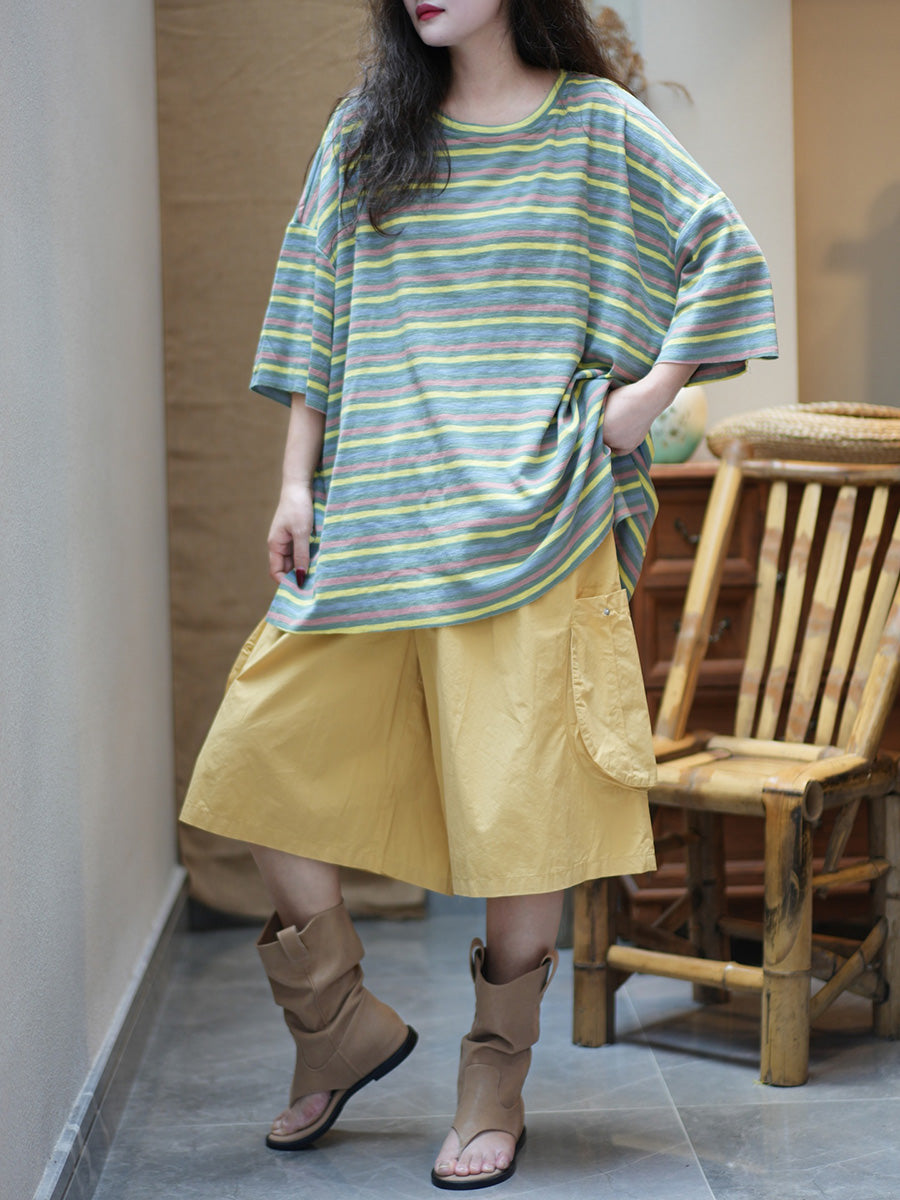 Women Summer Casual Stripe Cotton O-Neck Shirt