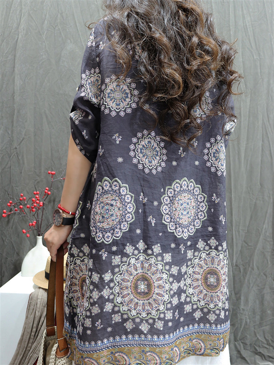 Women Summer Retro Geometric V-Neck 100%Ramie Shirt