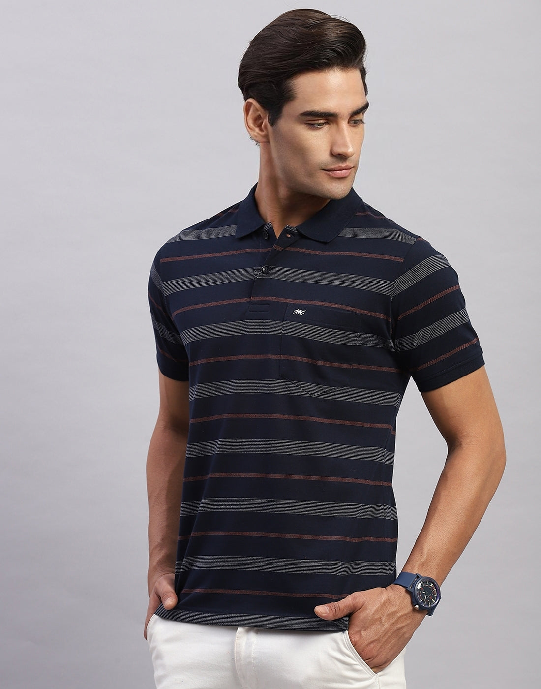 Men Navy Blue Stripe Polo Collar Half Sleeve T-Shirt