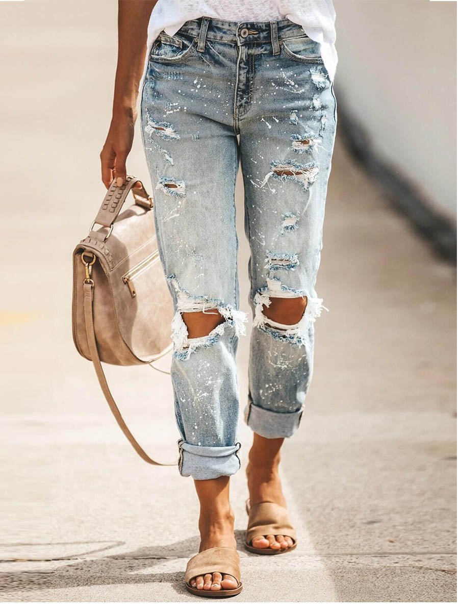 Washed Casual Ripped Jeans