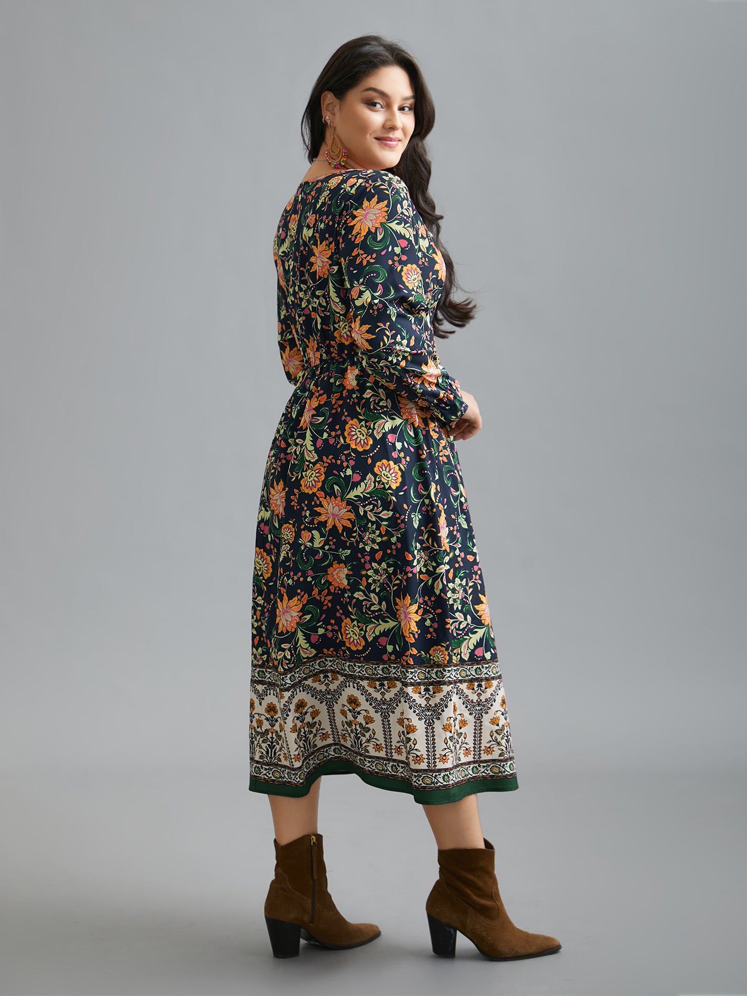 Square Neck Floral Boho Print Midi Dress