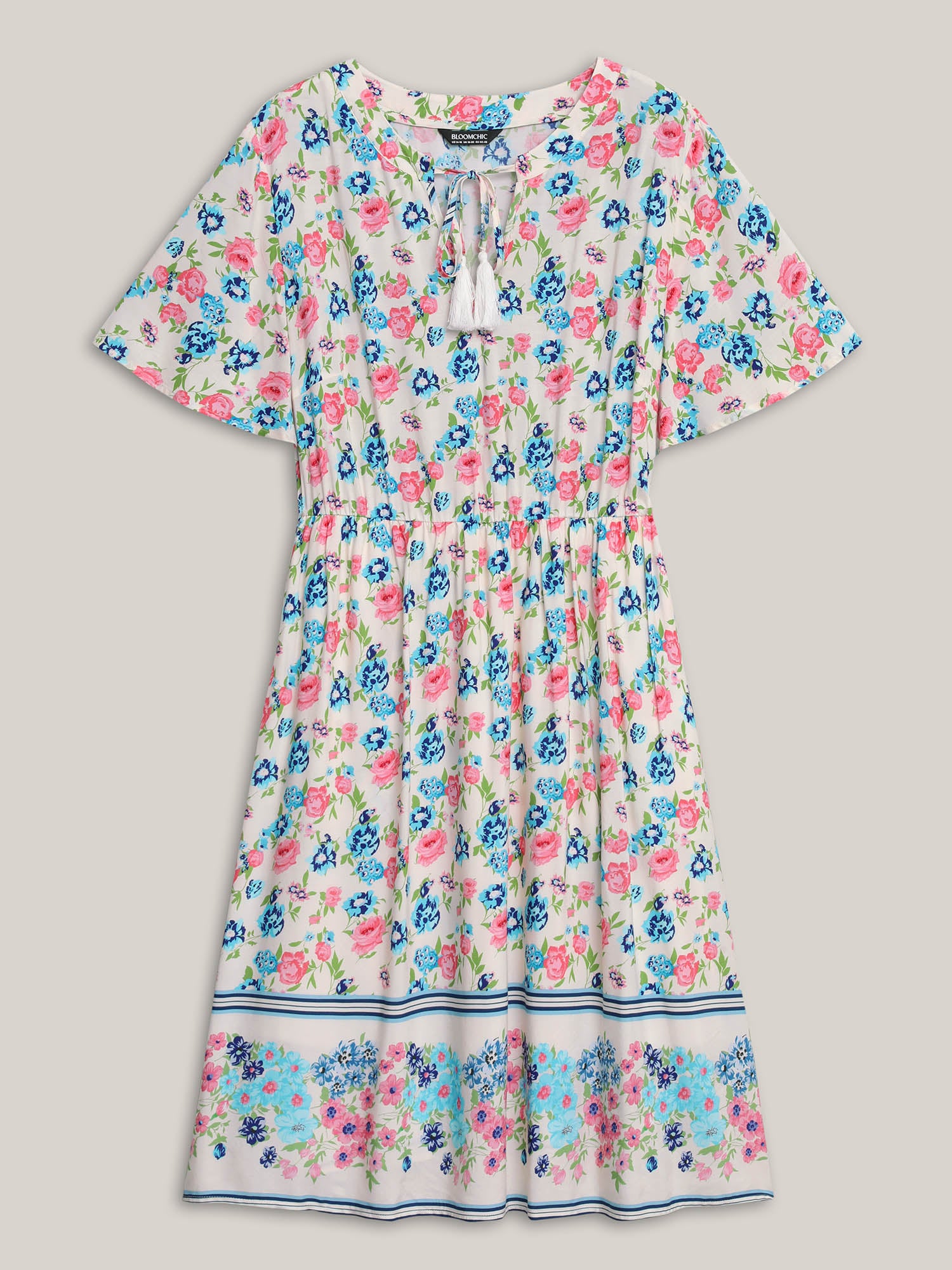 Rayon Floral Print Neck Tie Pockets Midi Dress
