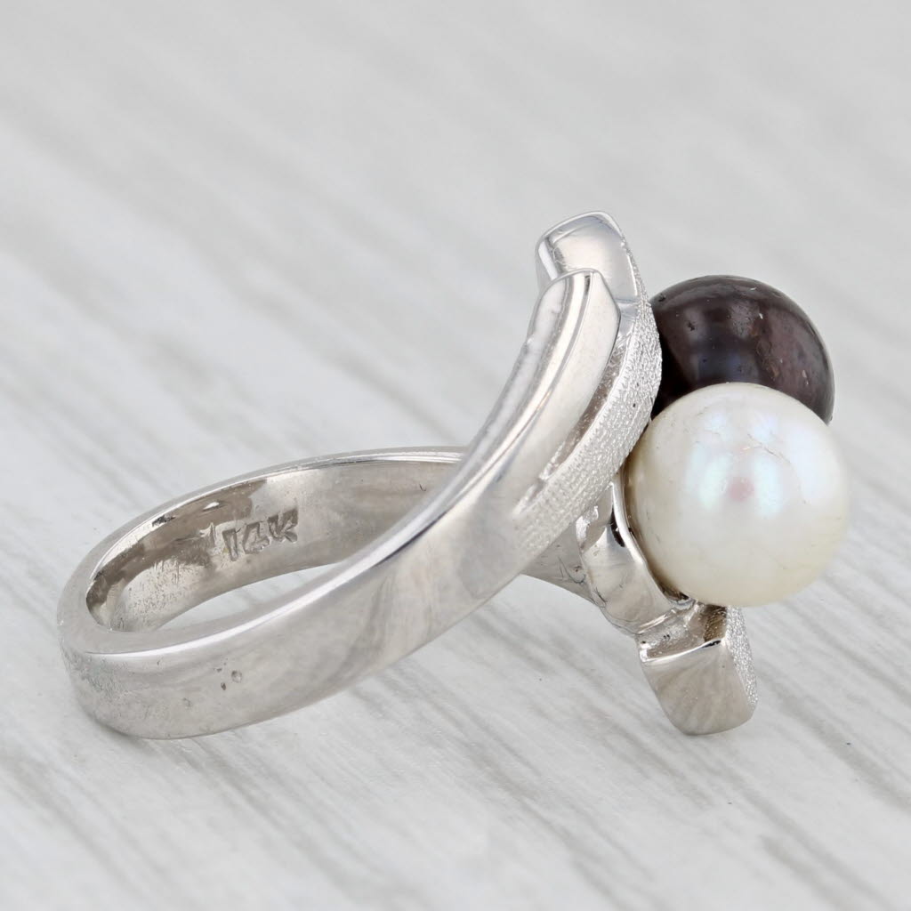 Cultured Black & White Pearl Bypass Ring 14k White Gold Size 3.5
