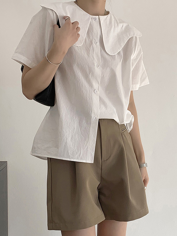 Loose Short Sleeves Solid Color Split-Joint Peter Pan Collar Blouses&Shirts Tops